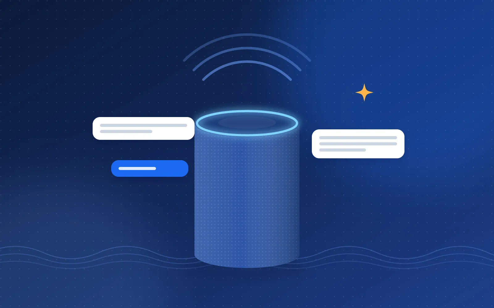 Illustration of a cylindrical smart speaker with a glowing light ring and floating conversation bubbles
