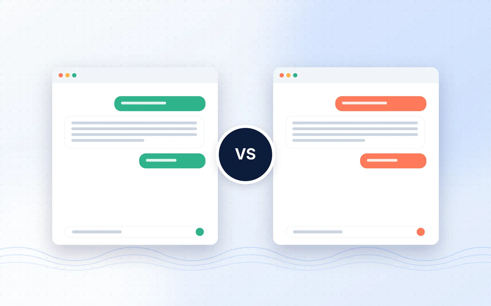 Illustration of two chat app windows, one green and one coral, with a VS badge between them