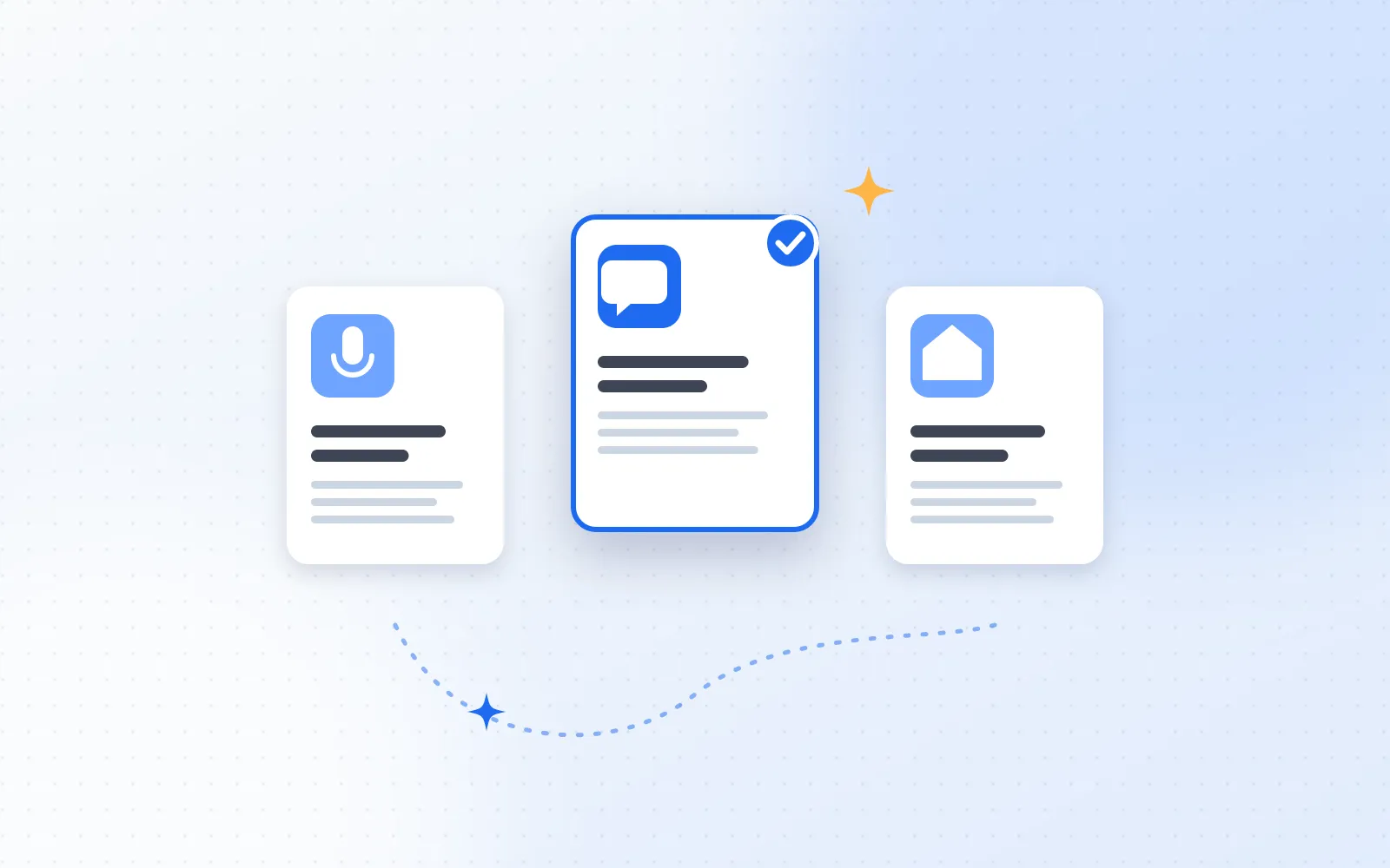 Illustration of three option cards for chat, voice and home, with the chat card selected