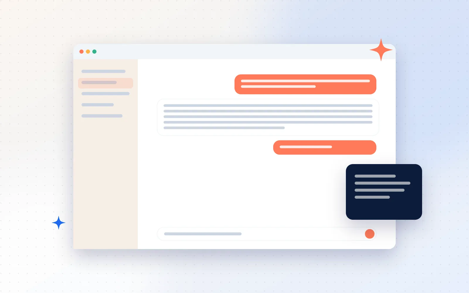 Illustration of a desktop chat app window with a long document and a warm coral accent