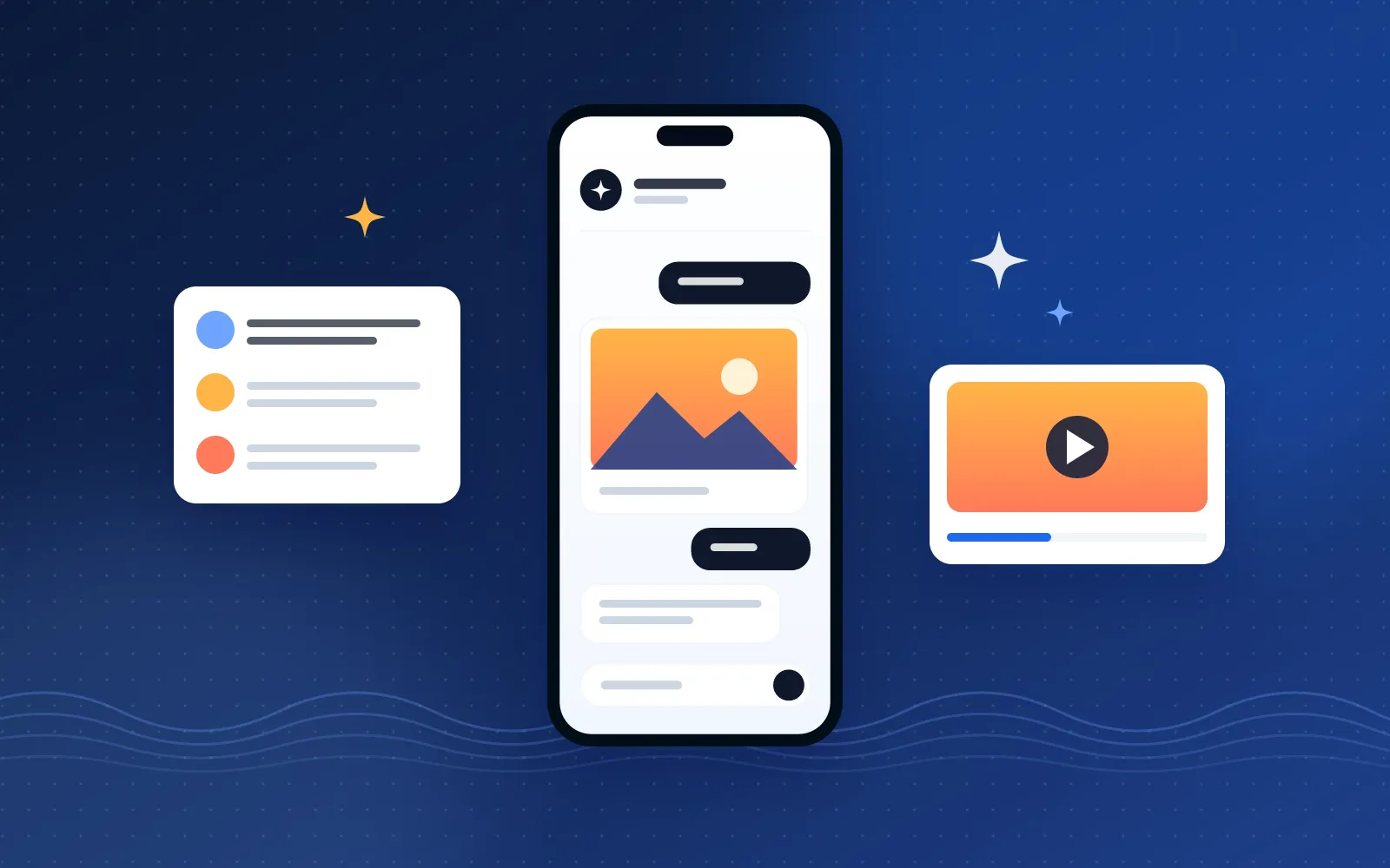 Illustration of a phone showing an AI chat with a generated image, next to a live posts card and a video card on a dark background