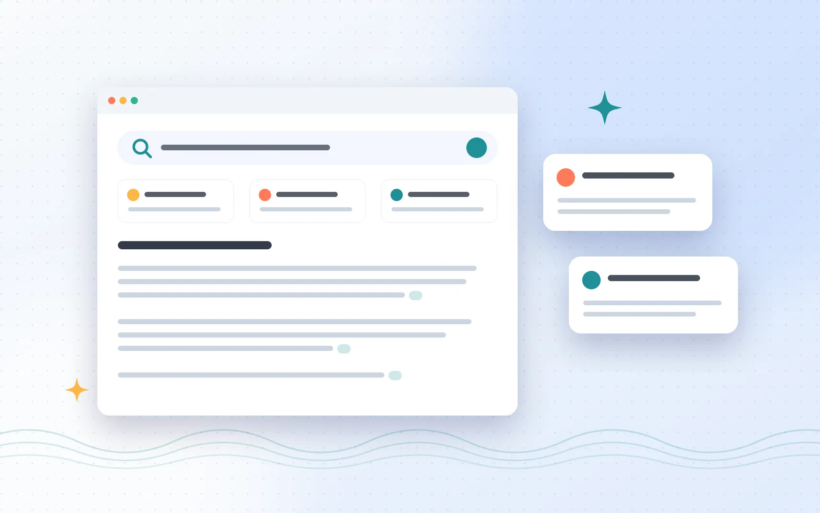 Illustration of an answer page with a search box, three source cards and floating citation cards