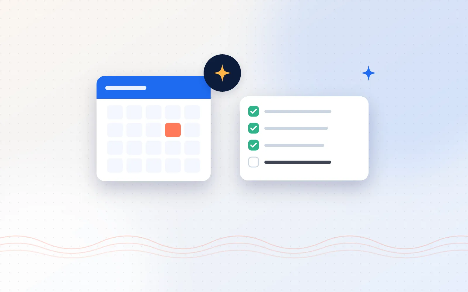 Illustration of a calendar card and a checklist with completed items and a sparkle icon
