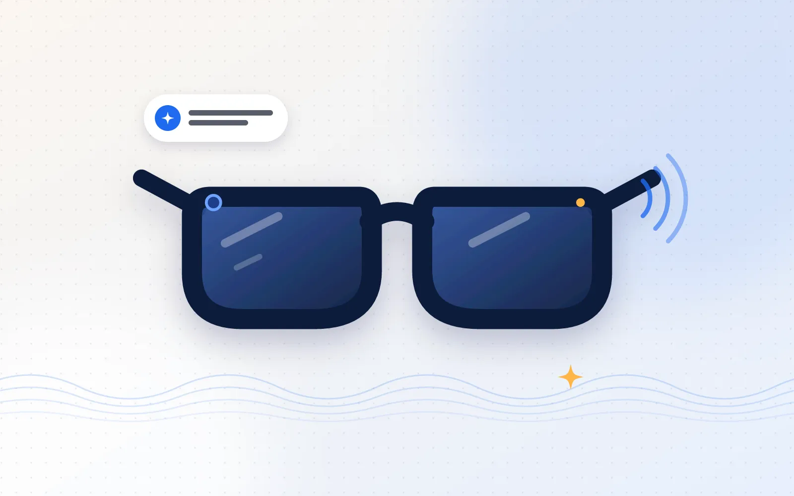 Illustration of dark-framed smart glasses with a small camera, sound arcs and an assistant notification