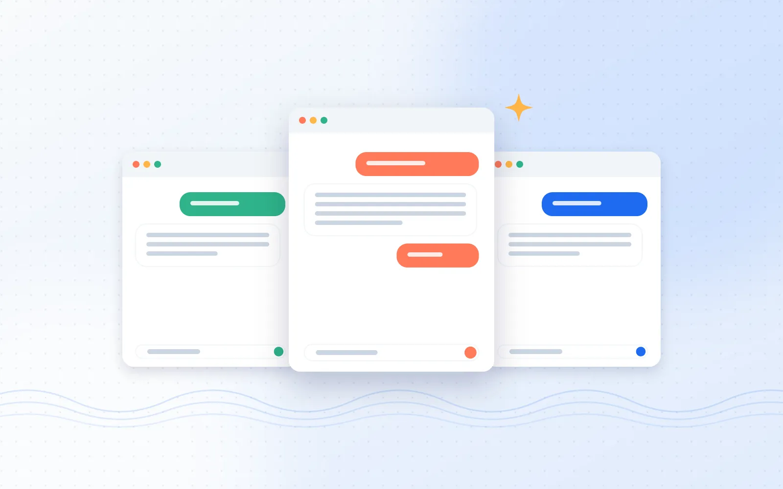 Illustration of three chat app windows side by side in green, coral and blue
