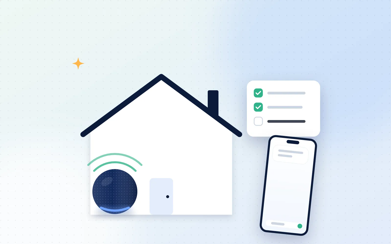 Illustration of a house with a smart speaker, a setup checklist and a phone